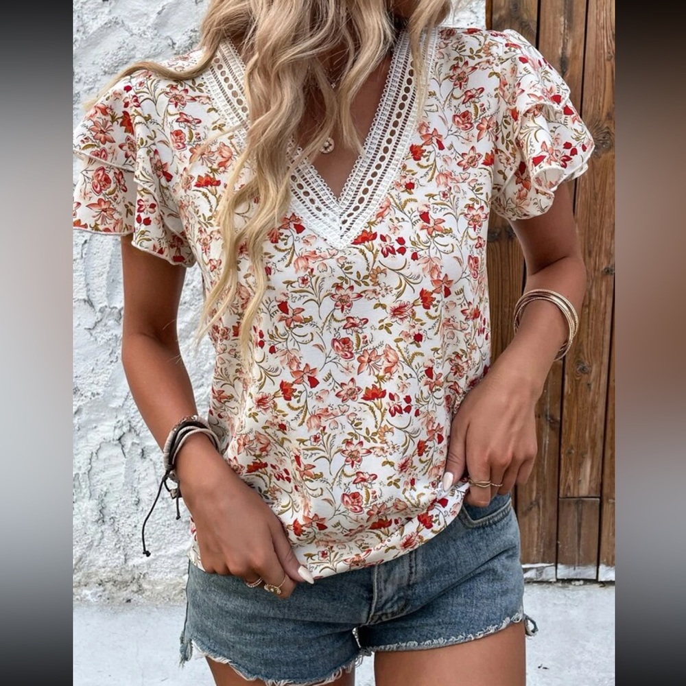 Floral V-Neck Blouse - Cream and Red - Picture 6 of 7
